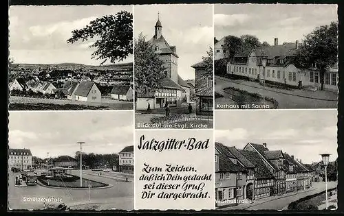 AK Salzgitter, Generalansicht der Stadt, der Schützenplatz, Kurhaus mit Sauna, die Evangelische Kirche