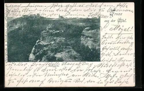 AK Nideggen i. Eifel, Blick über die Felsen zur Burgruine