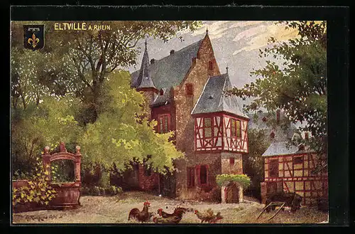 Künstler-AK Eltville am Rhein, Hühner auf dem Freiherr von Langwerthscher Gutshof mit Burghaus und altem Ziehbrunnen