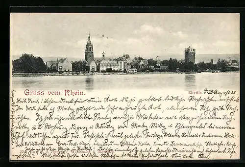 AK Eltville am Rhein, Panorama der Stadt mit der Kirche vom Rheinufer aus