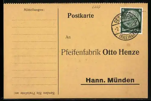 AK Hann. Münden, Telegrammkarte der Pfeifenfabrik Otto Henze