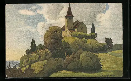 Künstler-AK Ernst E. Schlatter: Alte Kirche bei Büsingen