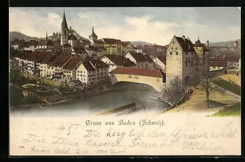 AK Baden, Gesamtansicht mit Flussbrücke und Turm