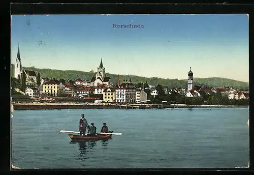 AK Rorschach, Teilansicht mit Kirchen, Ruderer auf dem See