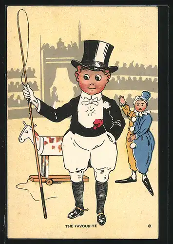 AK The Favourite, Jockey und Clown mit Nachziehpferd in einer Zirkusarena