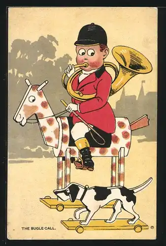 AK The Bugle-Call, Jäger auf Holzpferd ruft seinen Hund per Horn