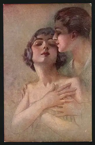 AK Verliebtes Paar in trauter Umarmung, Art Deco