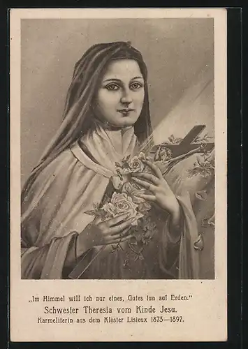 AK Schutzpatronin Schwester Theresia vom Kinde Jesu mit Jesuskreuz, Karmeliterin