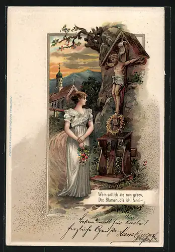AK Frau mit Blumen vor Flurkreuz, Im Hintergrund Kirche