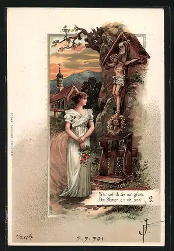 AK Frau mit Blumen vor Flurkreuz, Im Hintergrund Kirche