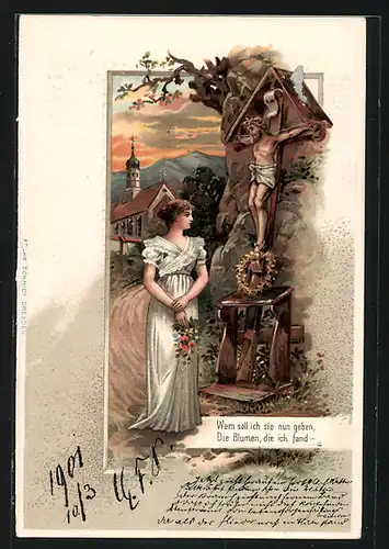 AK Frau mit Blumen vor Flurkreuz, Im Hintergrund Kirche
