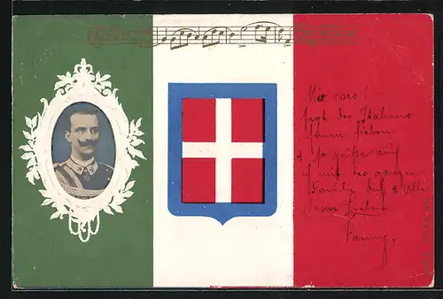AK Porträt des Königs von Italien, Die Farben Italiens und Noten