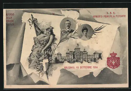 AK Umberto Principe di Piemonte, Racconigi 15 Settembre 1904, Heilige mit Wappen und Kind