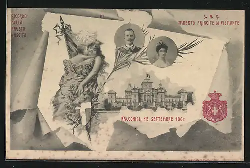 AK Umberto Principe di Piemonte, Racconigi 15 Settembre 1904, Heilige mit Wappen und Kind