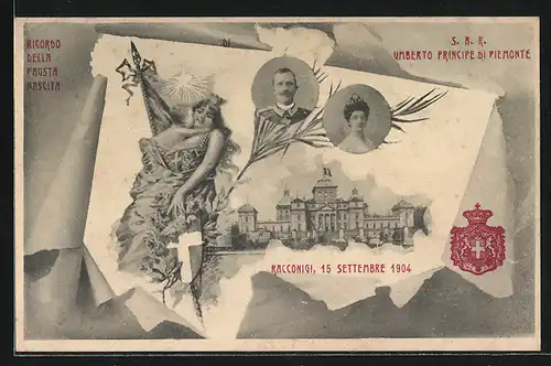 AK Umberto Principe di Piemonte, Racconigi 15 Settembre 1904, Heilige mit Wappen und Kind