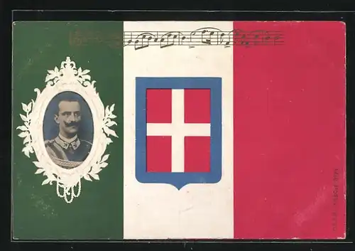 AK König von Italien und Wappen auf Nationalfahne