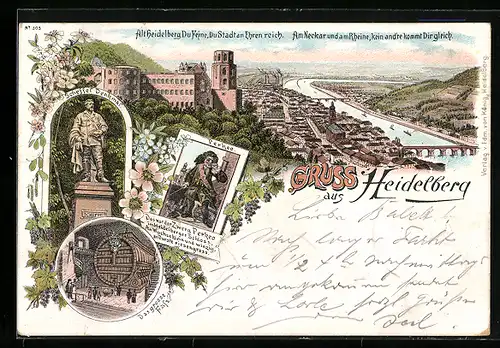 Lithographie Heidelberg, Panorama, Scheffel Denkmal & der Zwerg Perkeo