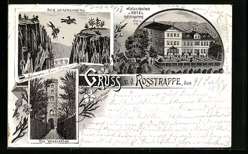 Vorläufer-Lithographie Thale, 1893, Winzenburg und Hotel Rosstrappe, Hexensprung