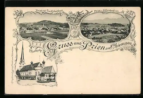 AK Prien am Chiemsee, Pfarrkirche & 2 Teilansichten