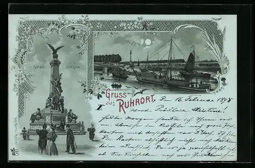 Lithographie Ruhrort, Kaiser-Denkmal, Hafen