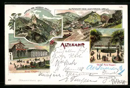Lithographie Altenahr, Garten d. Hotel Caspari, Ortsansicht vom Schwarzen und Weissen Kreuz aus