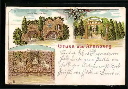 Lithographie Arenberg, Grotte von Lourdes, Eingang zum Oelberg, Schlafender Jünger