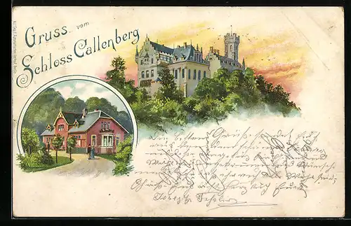 Lithographie Callenberg /Schloss, Blick zum Schloss und Landhaus