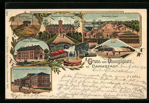 Lithographie Darmstadt, Truppenübungsplatz, Preuss. Stabsgebäude, Baracken Lager, Post