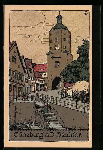 Steindruck-AK Günzburg a. D., Ansicht des Stadttores