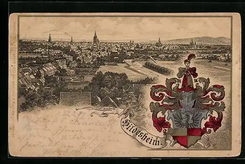 Passepartout-Lithographie Hildesheim, Panoramaansicht und Wappen