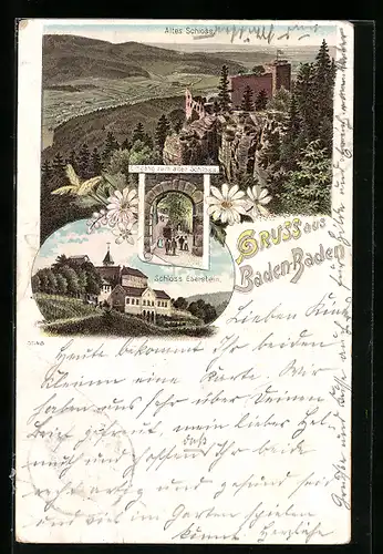 Lithographie Baden-Baden, Altes Schloss, Schloss Eberstein, Eingang zum alten Schloss