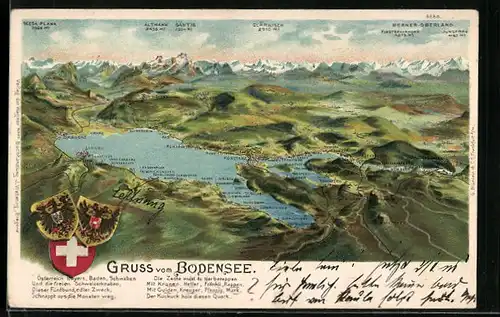 Lithographie Konstanz a. Bodensee, Landkarte Bodensee mit Umgebung und Wappen