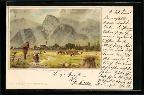 Lithographie Oberammergau, Frau mit Stock und Gepäck verlässt den Ort