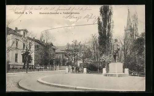 AK Frankfurt-Höchst, Bismarck-Denkmal und Feldbergstrasse