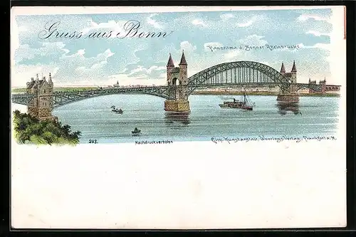 Lithographie Bonn, Panorama d. Bonner Rheinbrücke