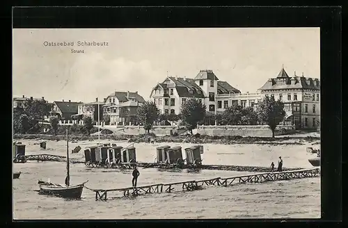 AK Scharbeutz / Ostseebad, Strand mit Villen vom Meer aus gesehen