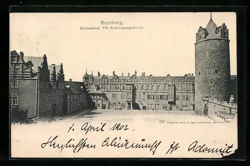 AK Bernburg, Schlosshof mit Till Eulenspiegelturm