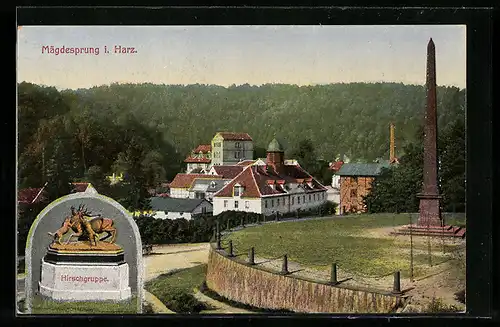 AK Mägdesprung i. Harz, Hirschguppe, Teilansicht mit Denkmal