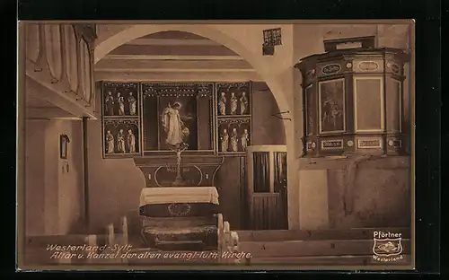 AK Westerland, Altar u. Kanzel der alten ev.-luth. Kirche, Innenansicht
