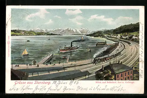 Lithographie Starnberg, Blick auf Bahnhof, See u. Gebirge