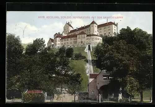 AK Hohenaschau /Bayr. Hochland, Schloss Hohenaschau mit der Drahtseilbahn