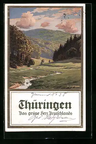 Künstler-AK Thüringen, Talblick im grünen Herz Deutschlands, Tourismus