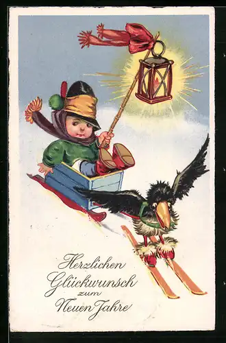 Künstler-AK Ein Vogel auf Skiern sieht den Schlitten eines kleinen Jungen, vermenschlichte Tiere