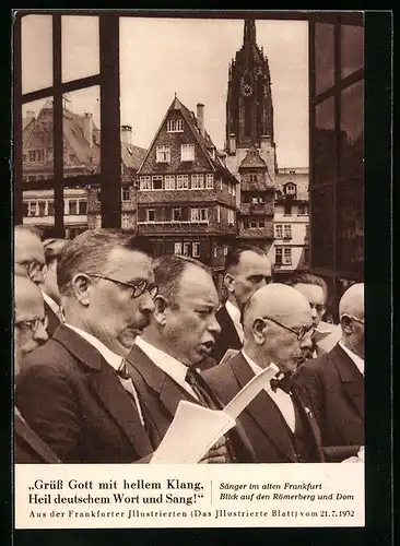 AK Frankfurt, Dt. Sängerbundesfest 1932, Sänger mit Blick auf den Römerberg und Dom