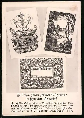AK Deutsche Reichspost, Zu frohen Feiern gehören Telegramme im schmucken Gewand, Postgeschichte