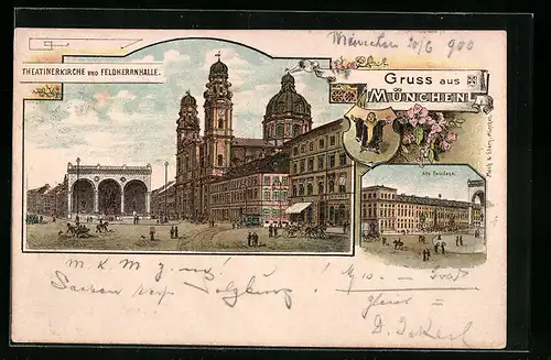 Lithographie München, Theatinerkirche und Feldherrnhalle, Wappen mit Münchner Kindl