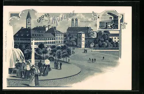 Lithographie München, Partie beim Maximiliansplatz mit Springbrunnen