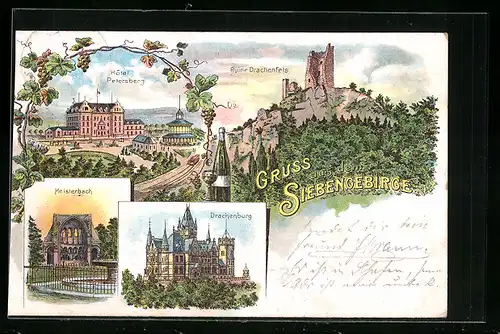 Lithographie Heisterbach /Siebengebirge, Hotel Petersberg, Ruine Drachenfels, Drachenburg