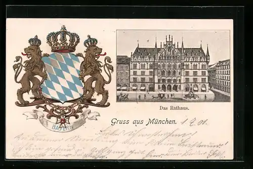 Lithographie München, Ansicht vom Rathaus, bayerisches Wappen