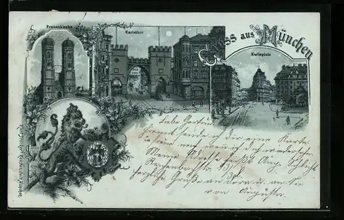 Mondschein-Lithographie München, Karlsthor, Frauenkirche und Karlsplatz